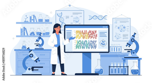 Female scientist analyzing dna research data in laboratory, genetic engineering