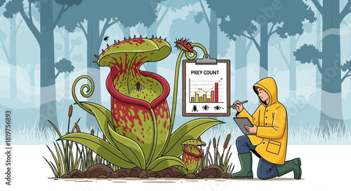 Botanical research on carnivorous plant populations in a misty woodland