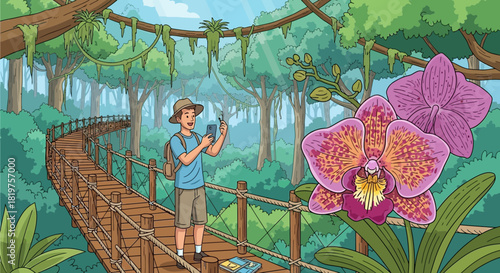 Adventurous tourist capturing the jungle's natural splendor and lush flora