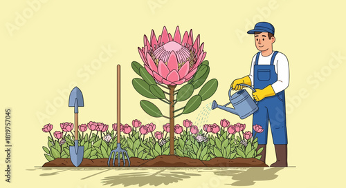 Whimsical garden scene featuring a gardener watering a protea flower patch