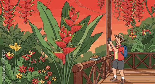 Capturing the tropical essence: a traveler's snapshot amid vibrant heliconia blooms