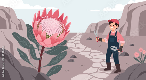 Charming illustration of a gardener admiring a protea flower in a whimsical landscape