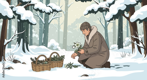 The Quiet Joy of Winter: A Man Gathering Flowers in a Snowy Forest Scene