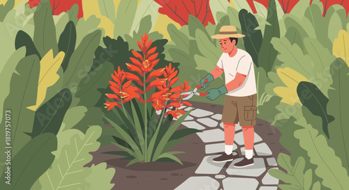 Tranquil Garden Maintenance: A Gardener Pruning Vibrant Orange Flowers