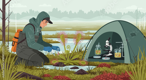 Illustration of a scientist studying carnivorous plants in a natural habitat