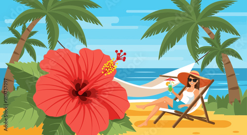 Tropical beach getaway illustration featuring woman, hammock, and hibiscus