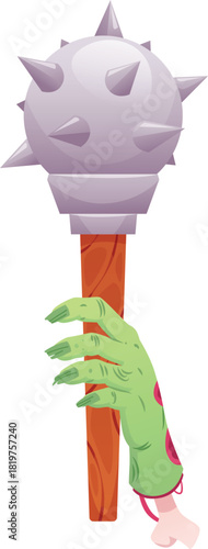 Cartoon zombie hand holds mace medieval game weapon, vector warrior spiked club with iron thorns in walking dead arm