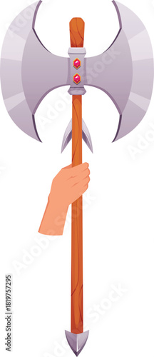 Cartoon hand holds axe pike, lance medieval weapon, vector game iron axes with long wooden handle, ancient warrior