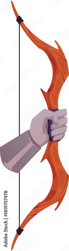 Obraz premium A hand in iron armor holding a wooden bow. Knight's combat weapon.
