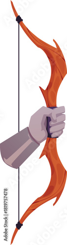 A hand in iron armor holding a wooden bow. Knight's combat weapon.