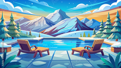 Cozy twin chairs placed beside a shimmering pool, surrounded by fresh snow, overlooking majestic winter mountains, capturing a calm and luxurious holiday mood