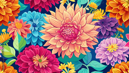 Bright blooming dahlias and chrysanthemums forming a colorful seamless background, designed for lively digital wallpapers