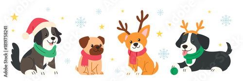Christmas dogs in festive costumes with santa hat reindeer antlers and winter accessories collection of different dogs shown as separate characters in a cheerful holiday scene