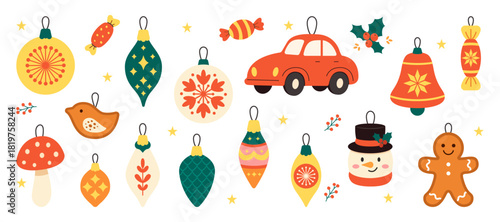 Christmas and New Year ornaments with car snowman gingerbread candy holly and festive decorations in colorful holiday collection