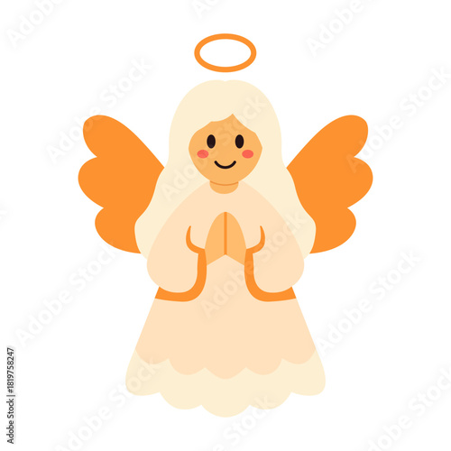 Christmas angel illustration with halo and wings in praying pose cute festive character with soft colors and serene spiritual style