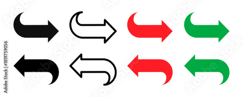 Curved arrow set in different fill colors. Showing smooth pointer shapes for navigation and direction. Vector illustration of curved arrow icons designed for interface use and movement guidance.