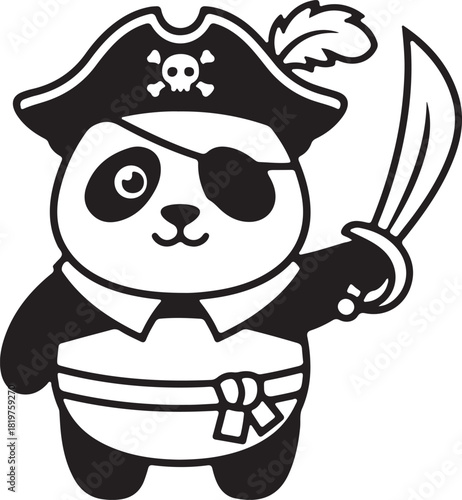 A whimsical cartoon illustration of a cute panda character dressed as a pirate, wearing an eye patch, hat with skull and crossbones, and holding a saber.