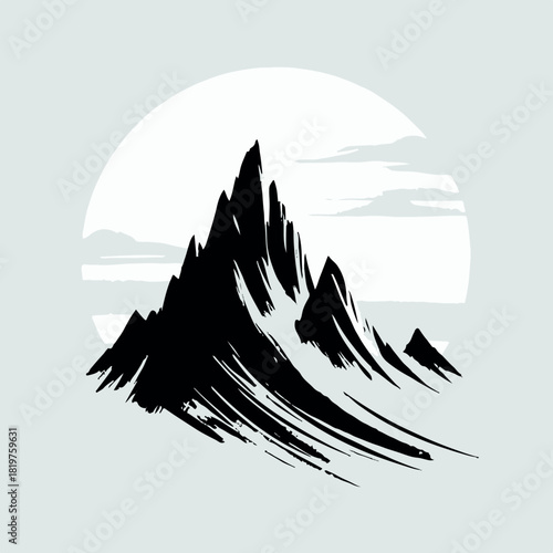 Japanese Ink Mountain Wave Art Print. Abstract Vector Illustrations with a Contemporary Aesthetic, Capturing the Grace of Mountain Landscapes in Sumi-e Style.