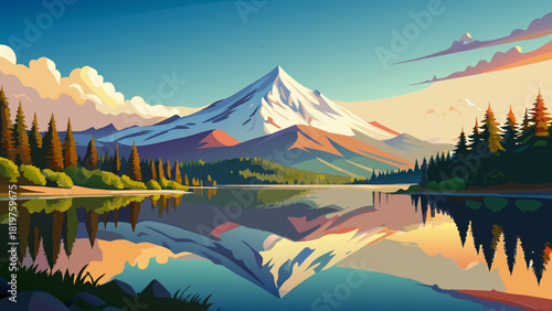 Very beautiful panoramic landscape view of Trillium Lake in Mount Hood National Forest, Oregon, featuring calm waters reflecting the majestic Mount Hood under a clear, sunny summer sky.