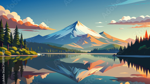 Very beautiful panoramic landscape view of Trillium Lake in Mount Hood National Forest, Oregon, featuring calm waters reflecting the majestic Mount Hood under a clear, sunny summer sky.