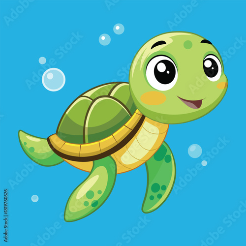Adorable cartoon sea turtle with big eyes swimming happily in clear blue ocean water