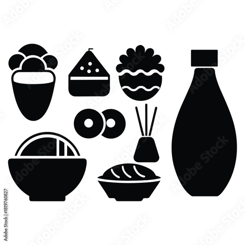 Japanese food icon set with ramen bowl and sushi roll illustrations