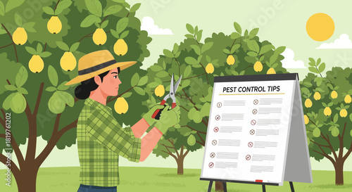 Woman pruning fruit trees while consulting pest control guidance in orchard