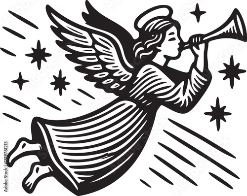 Flying Christmas angel blowing trumpet in linocut style for festive cards winter holiday decoration and seasonal packaging designs