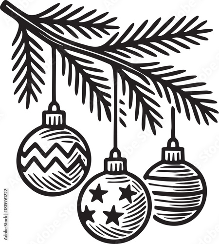 Evergreen branch with Christmas ornaments in linocut style for festive backgrounds seasonal packaging labels and winter decoration