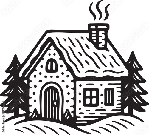 Gingerbread house in linocut style for Christmas themes festive packaging labels winter decoration and seasonal artwork