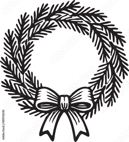 Classic Christmas wreath with bow in linocut etching style for festive packaging labels winter decoration and seasonal artwork