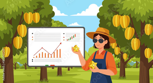 Starfruit farmer presenting growth data in a tropical orchard setting illustration