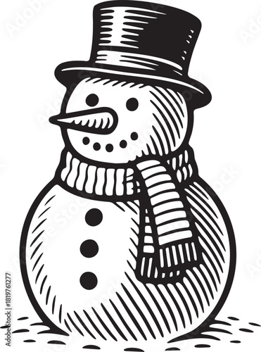 Classic snowman with scarf and top hat in linocut style for festive winter holiday artwork packaging labels and seasonal decoration
