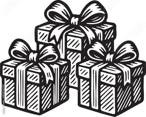 Linocut style illustration of three stacked Christmas gift boxes with ribbon bows for festive winter holiday packaging labels and seasonal decoration