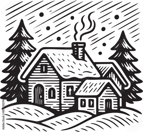 Linocut snowy village with woodland trees for Christmas themes winter holiday packaging labels and festive artwork