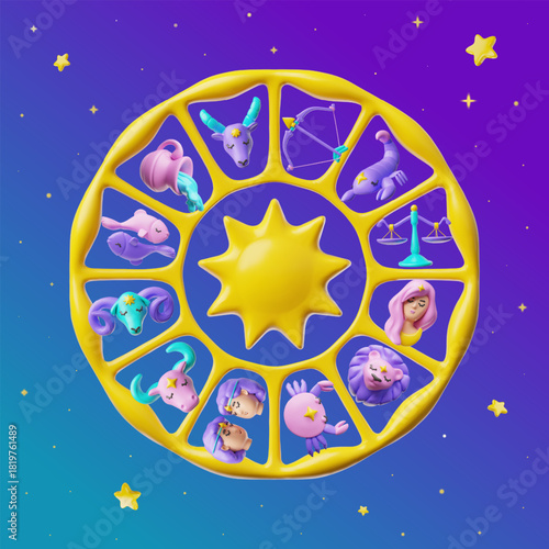 3D cartoon astral circle with zodiac signs and a yellow sun in the center, against a starry sky.