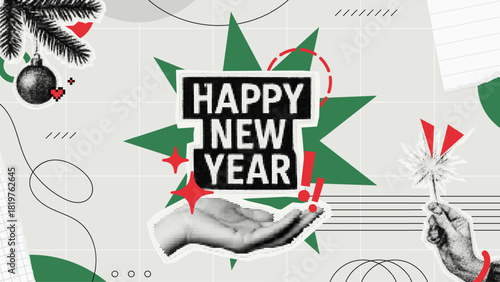 Modern happy New Year greeting card with abstract geometric shapes, festive elements like firecracker and hand, vector style for holiday celebration.
