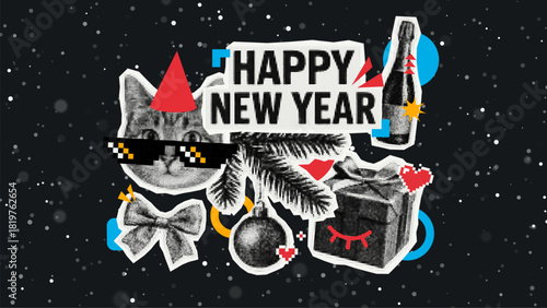 Happy New Year collage with pixel art cat wearing sunglasses, champagne bottle and gift box for holiday greeting card.
