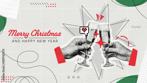 Merry Christmas and Happy New Year greeting card banner with abstract hands toasting and glitch effect for holiday celebration