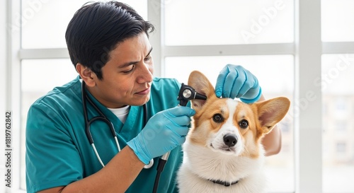 Male veterinarian examining ear of Corgi dog with otoscope. Professional vet doctor checking pet health in clinic. Animal healthcare concept