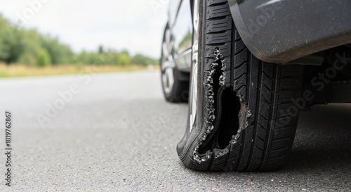 Damaged car tire with a large blowout on the road. Flat tire with torn rubber sidewall and hole. Car breakdown and safety concept with copy space