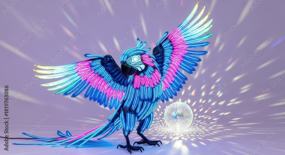 Obraz premium Neon Parrot Displaying Wings with Disco Ball on Lavender Backdrop a Vibrant and Energetic Representation of Futuristic Bird with Luminous Colors