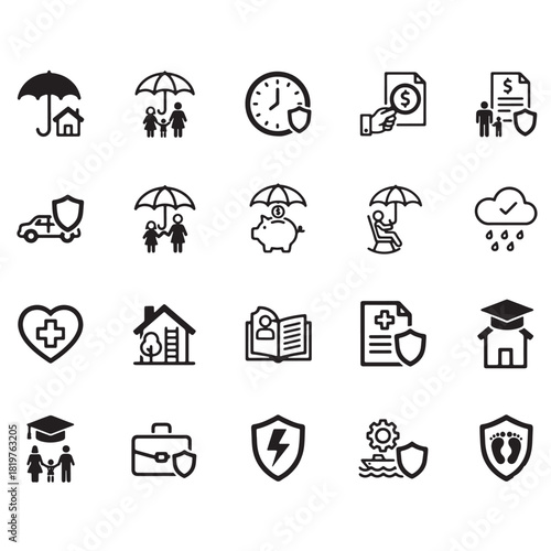 life Life Insurance Icon Set.black and white vector design 