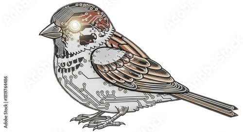 Sparrow Bird Technological Artificial Intelligence with Circuit Board Design Isolated on White Background Digitally Rendered Modern Concept of Digitalization