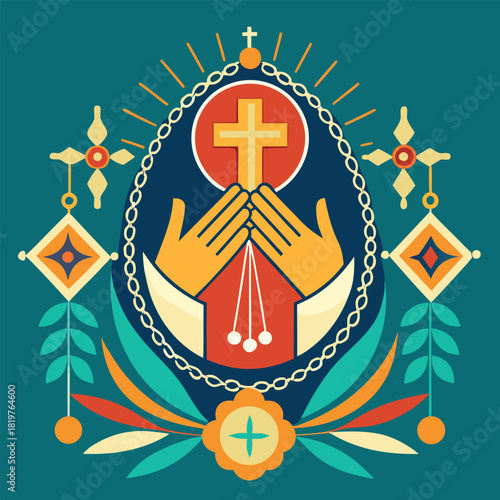 Hands holding a cross above a chalice with ornate religious decorations and symbols