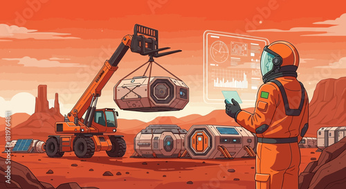 Establishing a New Outpost: Astronaut Overseeing Habitat Module Placement on Mars