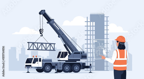 Construction site with crane and engineer reviewing blueprints, urban scenery