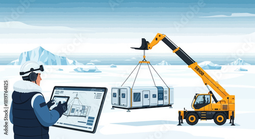 Remote construction expedition: Worker planning with digital tablet in arctic setting