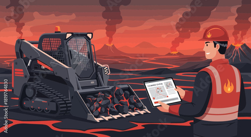 Volcanic ash clearance operation, engineer inspecting work via tablet display