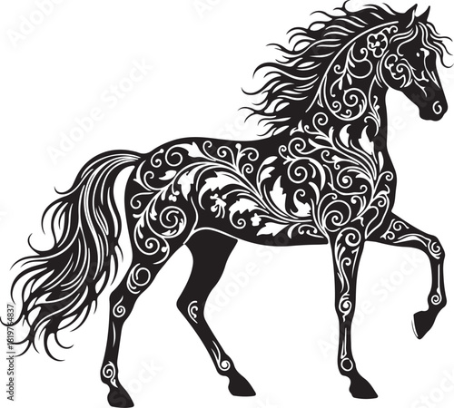 Elegant stylized horse illustration featuring intricate floral and scroll patterns within its silhouette, perfect for sophisticated designs